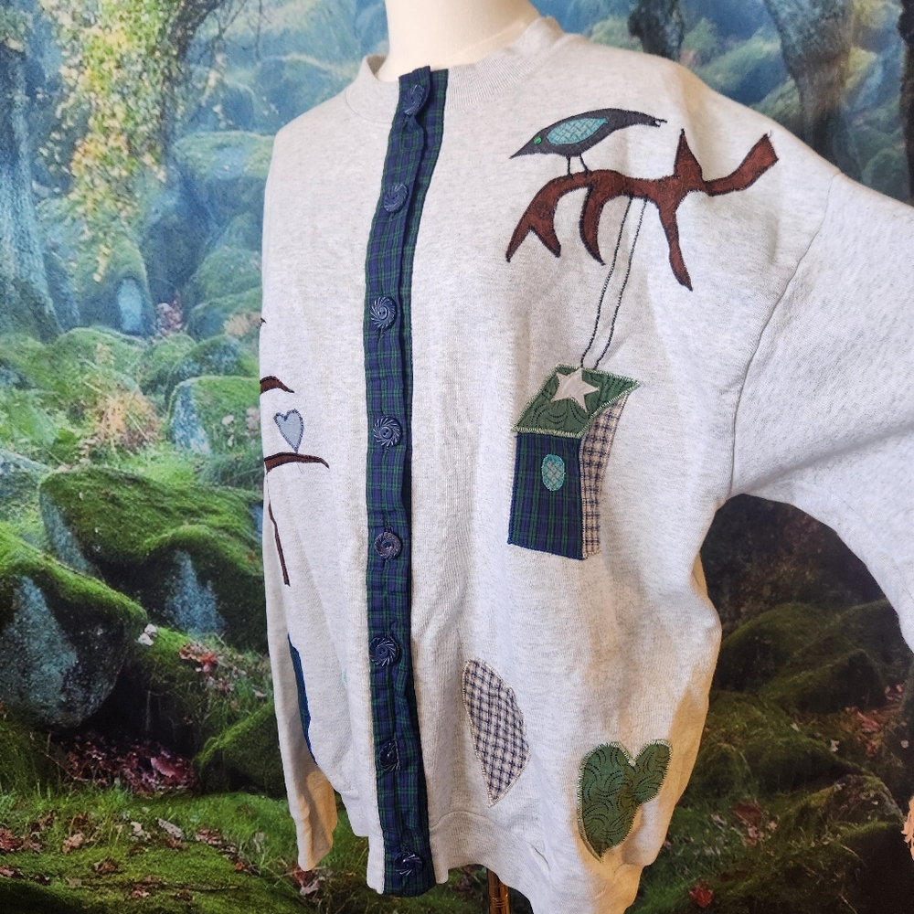 Vintage 90s Handmade Cottagecore Patchwork Cardigan - Bird Heart - Size XL